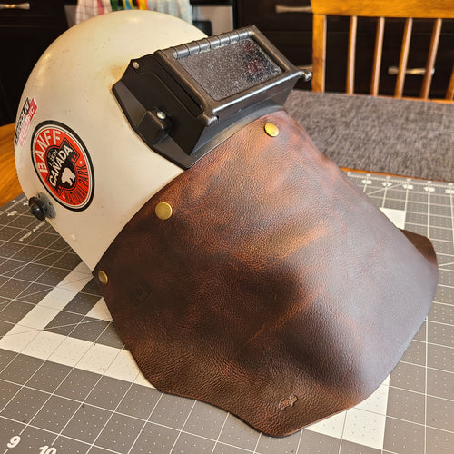 leather welding helmet bib - left side