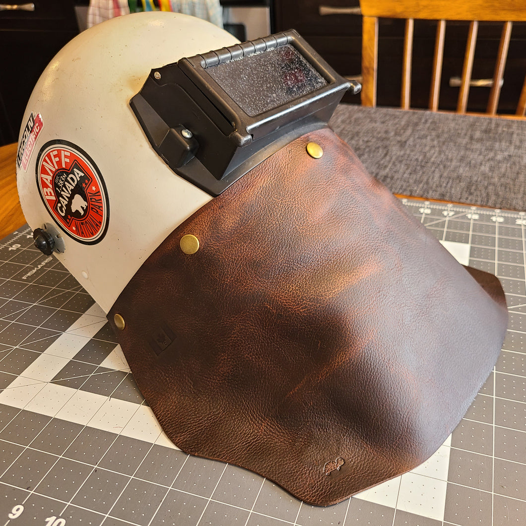 leather welding helmet bib - left side